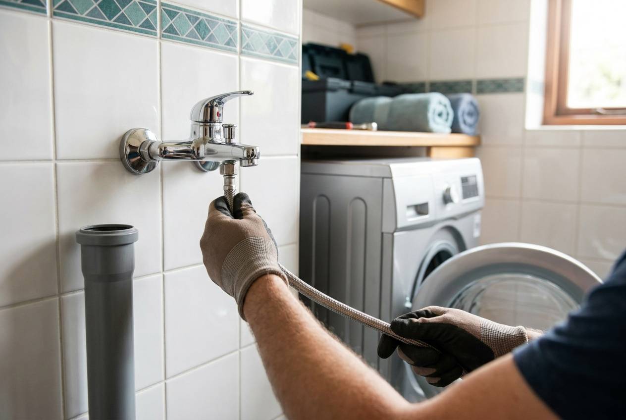 Immagine illustrativa: mani collegano il tubo di carico flessibile di una lavatrice al rubinetto a muro in una lavanderia.