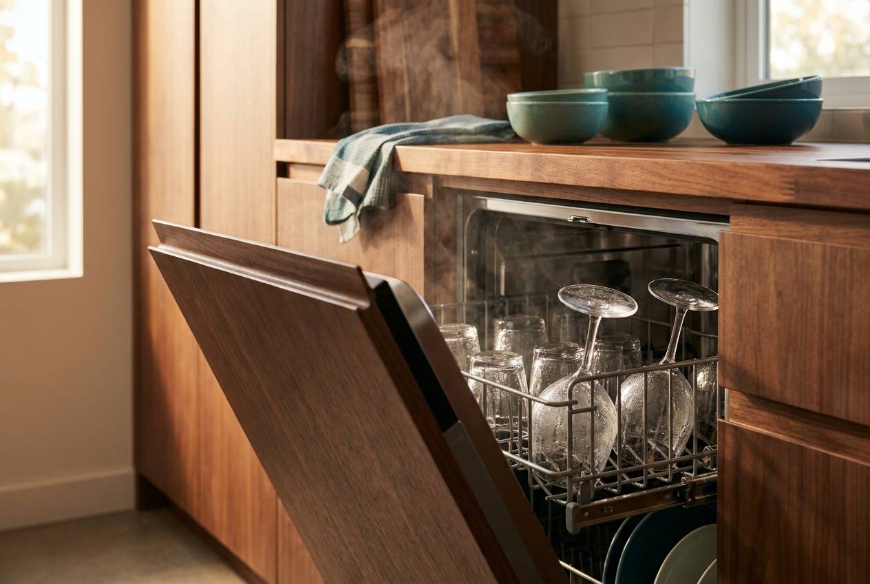 Immagine illustrativa: lavastoviglie da incasso integrata in una cucina moderna, con anta accostata.