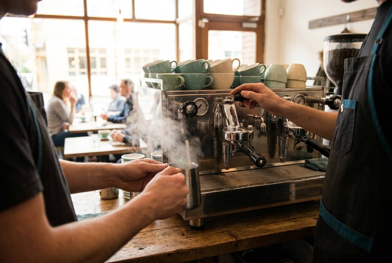Immagine illustrativa: mani al lavoro alla macchina del caffè di un bar, un'attività che dipende dall'acqua ogni giorno.