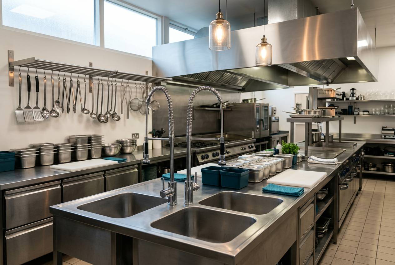Immagine illustrativa: cucina professionale in acciaio con lavelli e rubinetti in perfetto ordine prima del servizio.