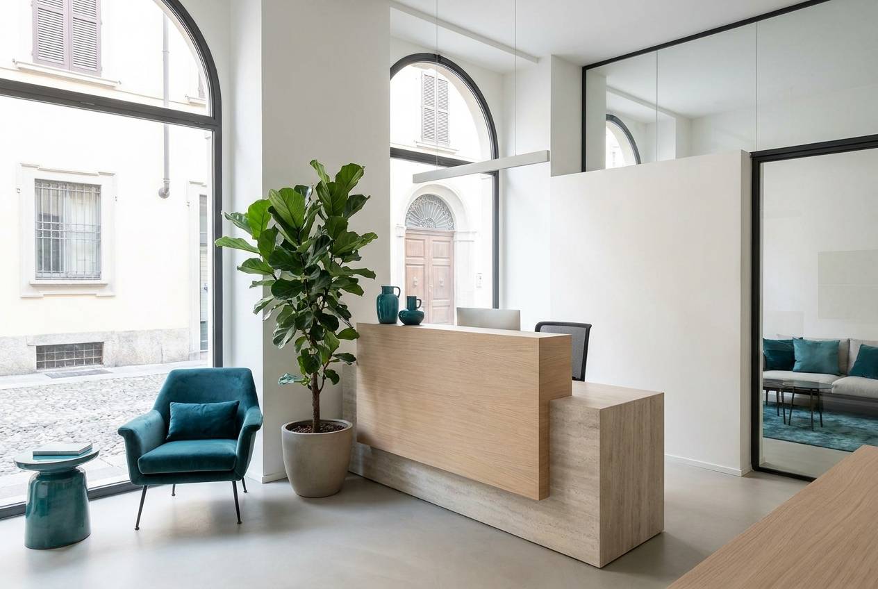Immagine illustrativa: reception di un piccolo ufficio moderno e professionale