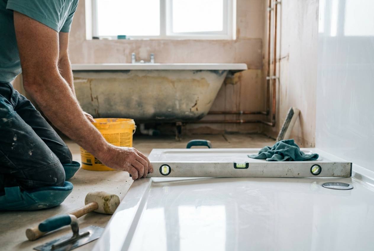 Immagine illustrativa: mani controllano con una livella un piatto doccia basso durante la posa, con la vasca già rimossa.