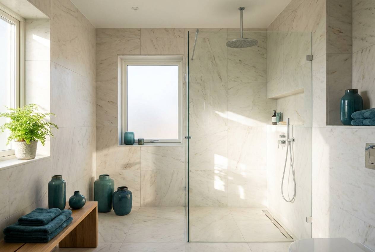 Immagine illustrativa: doccia walk-in in vetro con soffione a pioggia in bagno luminoso