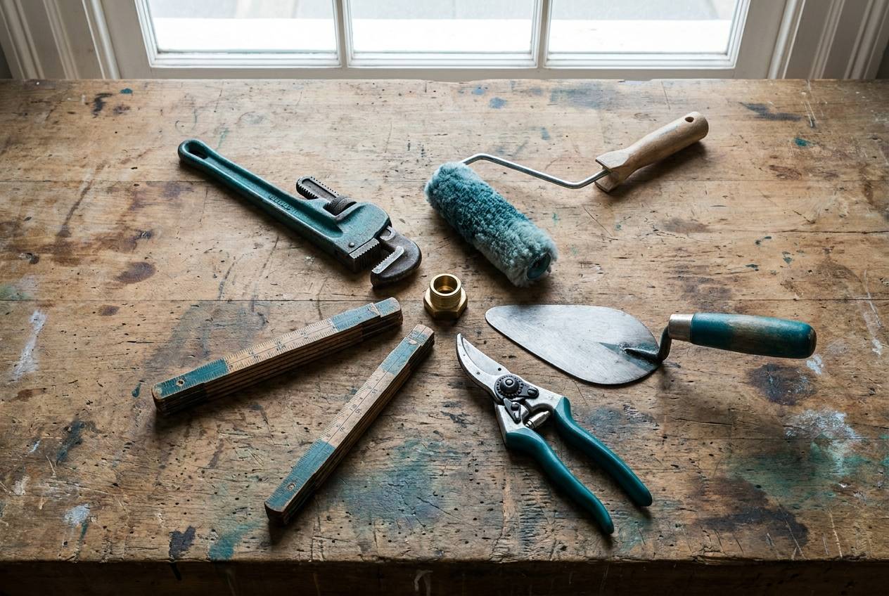 Immagine illustrativa: cinque attrezzi di mestieri diversi disposti a raggiera su un banco di legno.