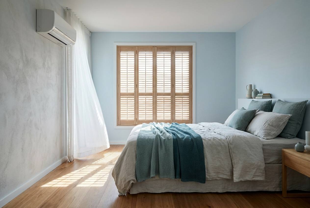 Immagine illustrativa: camera da letto fresca in estate con split a parete e tenda leggera mossa dall'aria.