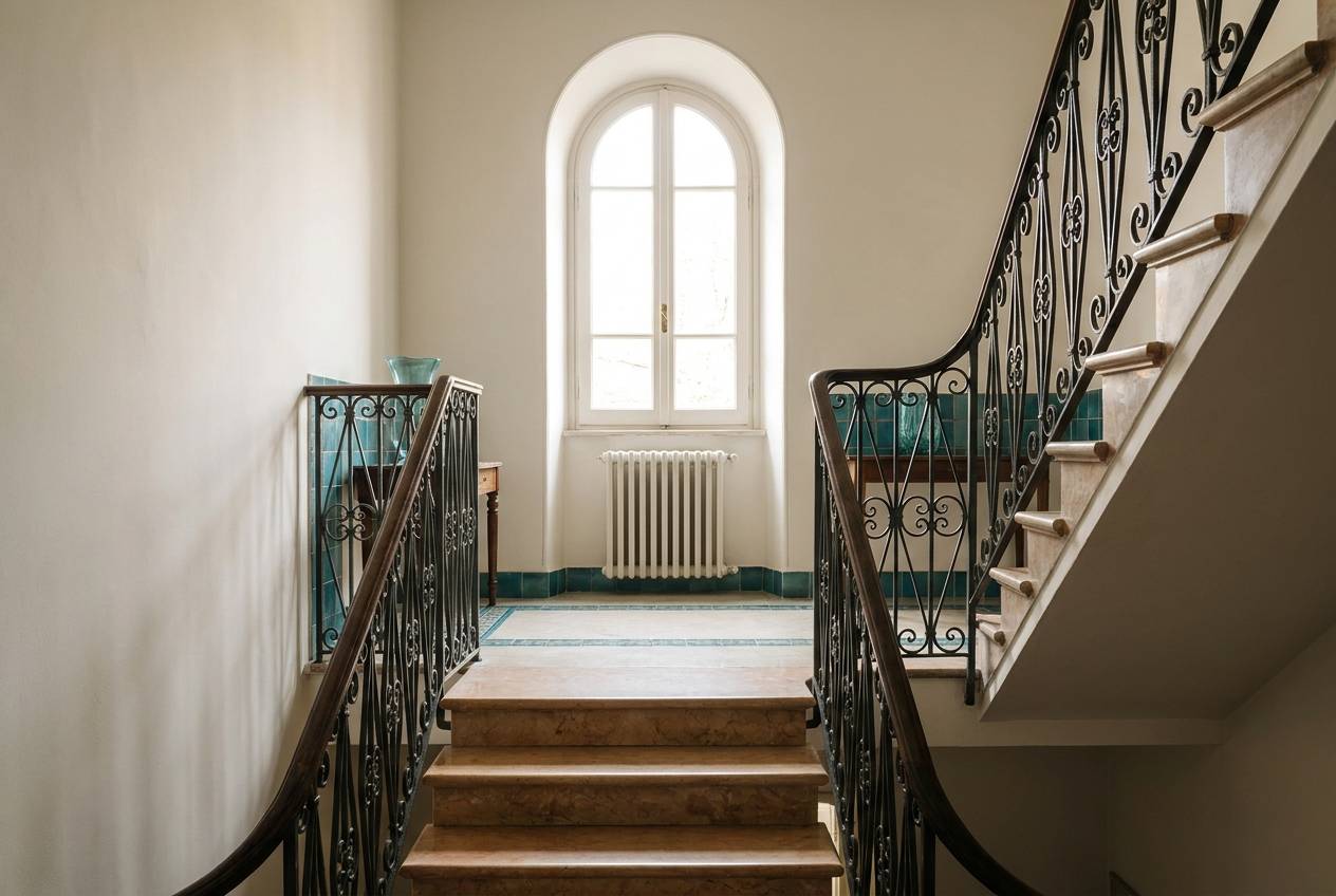 Immagine illustrativa: scala condominiale curata con corrimano in ferro e pianerottolo illuminato dalla luce del mattino.