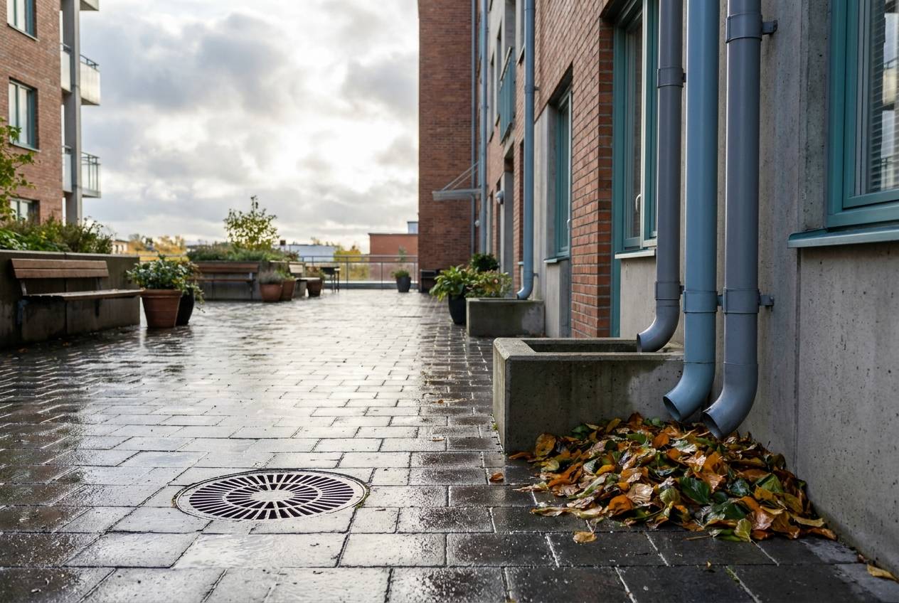Immagine illustrativa: cortile condominiale ordinato dopo la pioggia, con caditoia libera e pluviali in buono stato.
