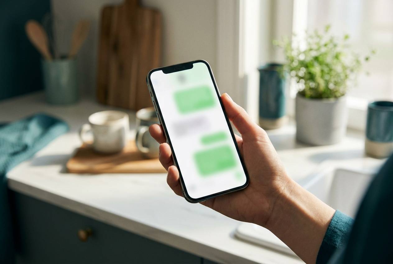 Immagine illustrativa: mano che tiene uno smartphone con una chat aperta, con lo schermo volutamente sfocato.