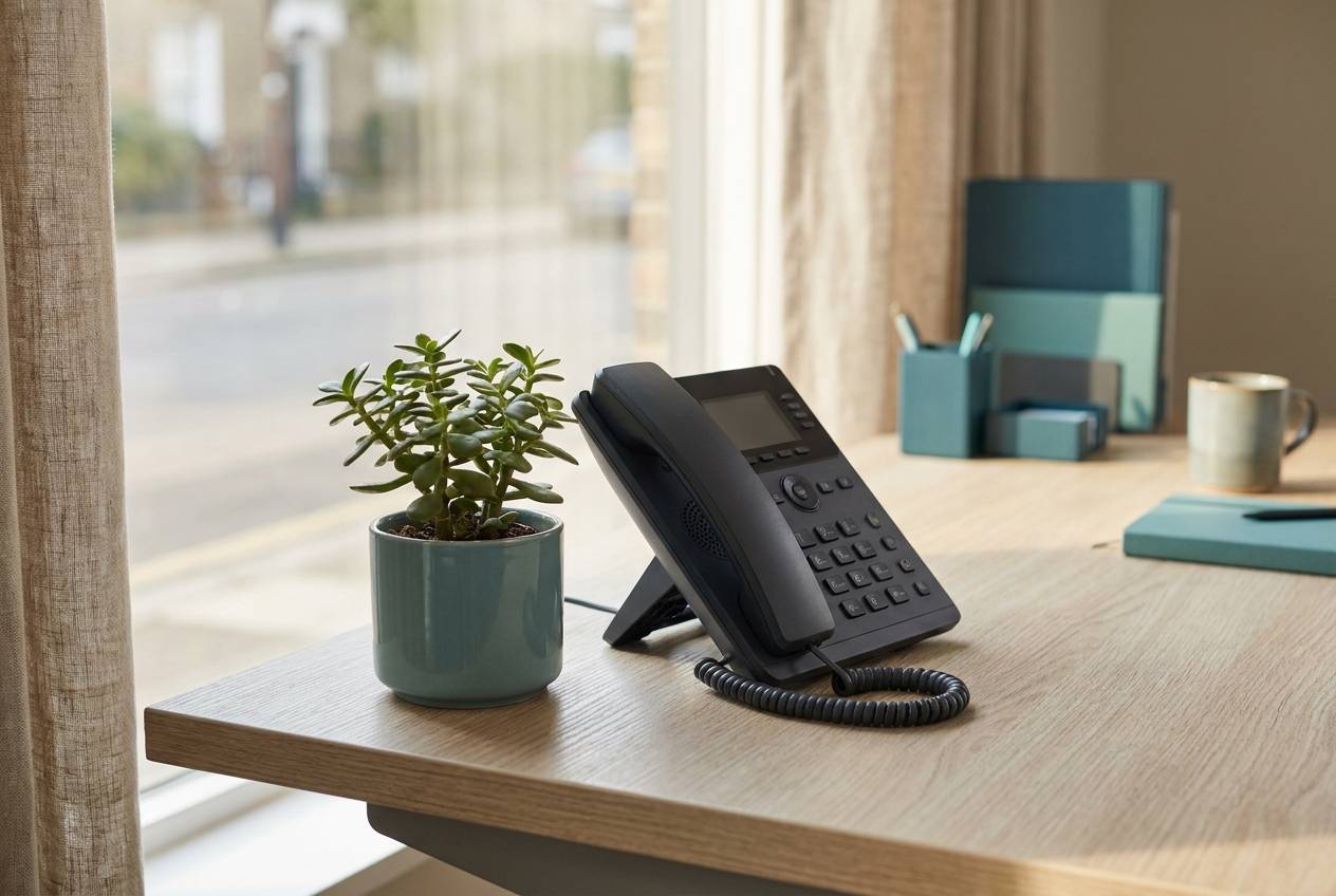 Immagine illustrativa: telefono da scrivania e pianta verde su una scrivania ordinata