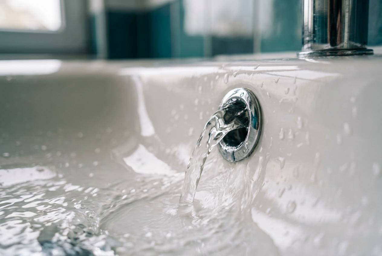 Immagine illustrativa: acqua che scorre libera nella piletta di un lavabo bianco