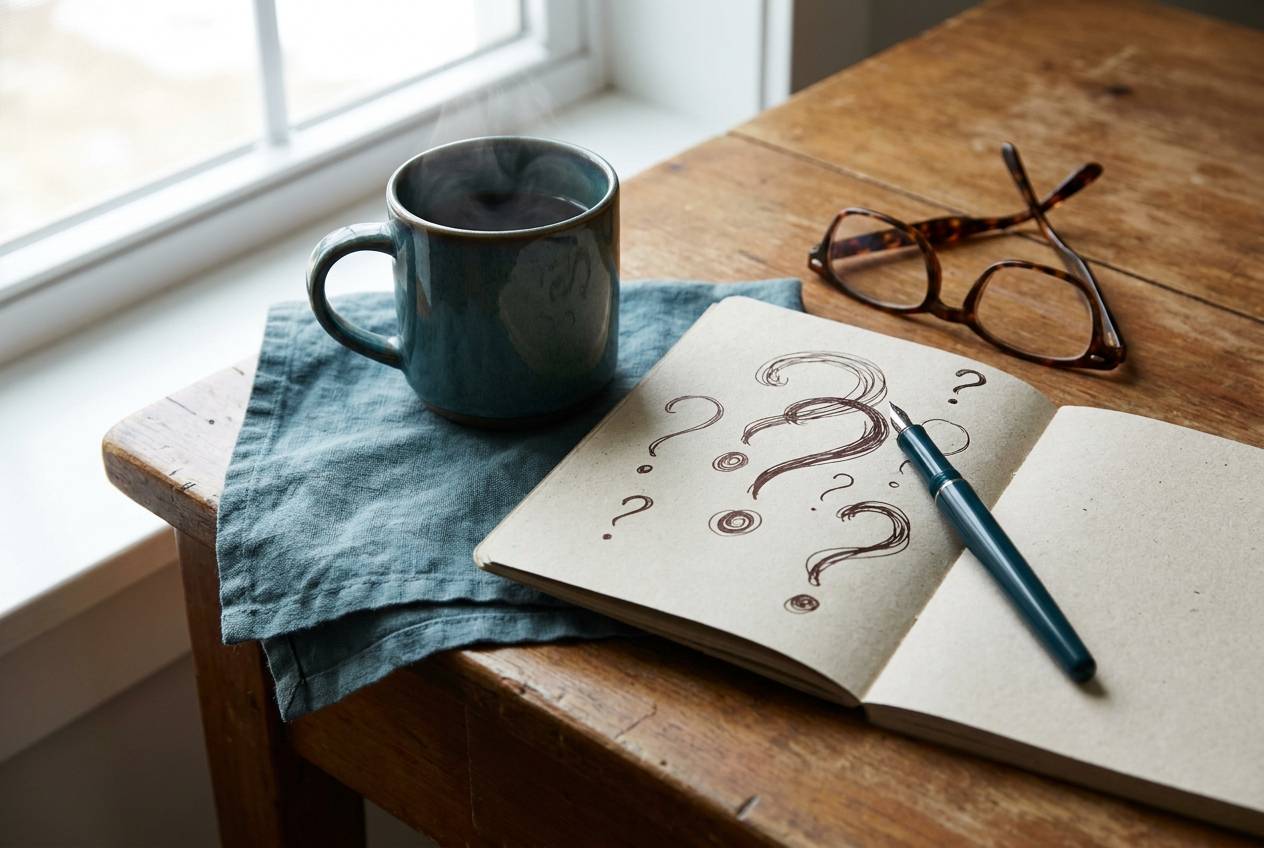 Immagine illustrativa: tazza di caffè accanto a un taccuino con punti interrogativi disegnati a mano.