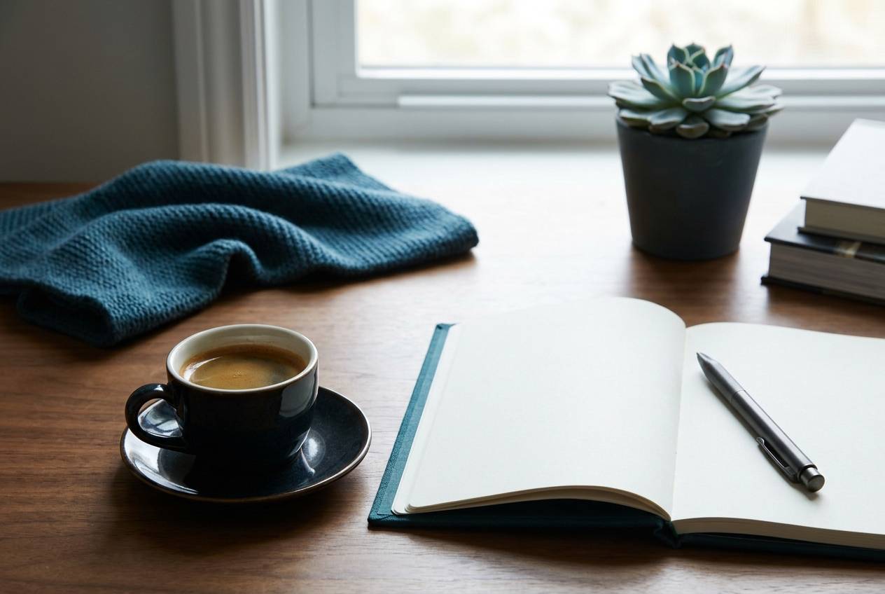 Immagine illustrativa: tazzina di caffè accanto a un quaderno aperto su una scrivania