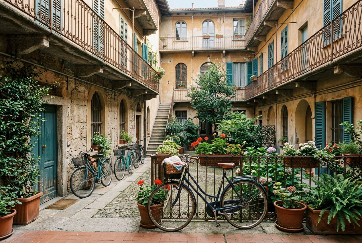 Immagine illustrativa: cortile milanese con biciclette e piante nella luce del mattino