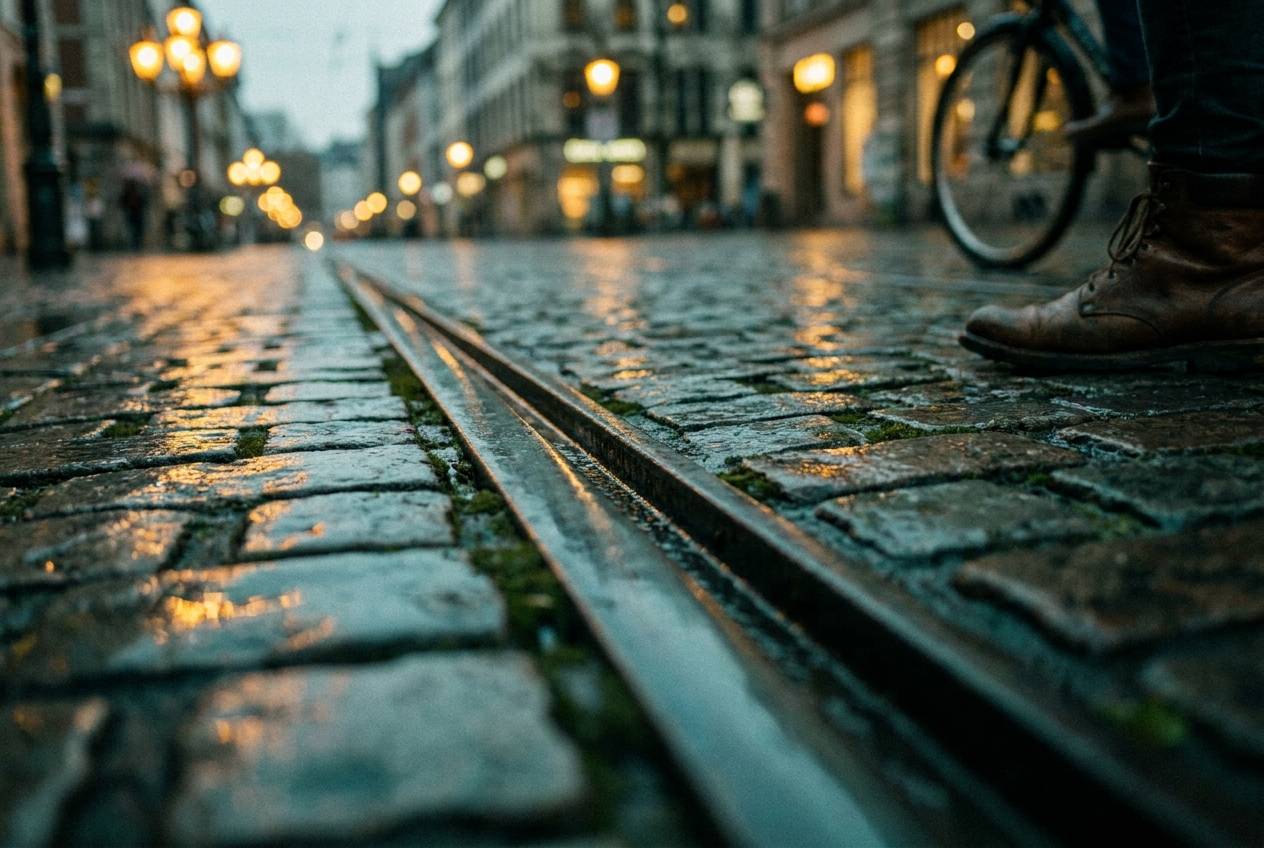Immagine illustrativa: rotaie del tram sul pavé bagnato con riflessi caldi