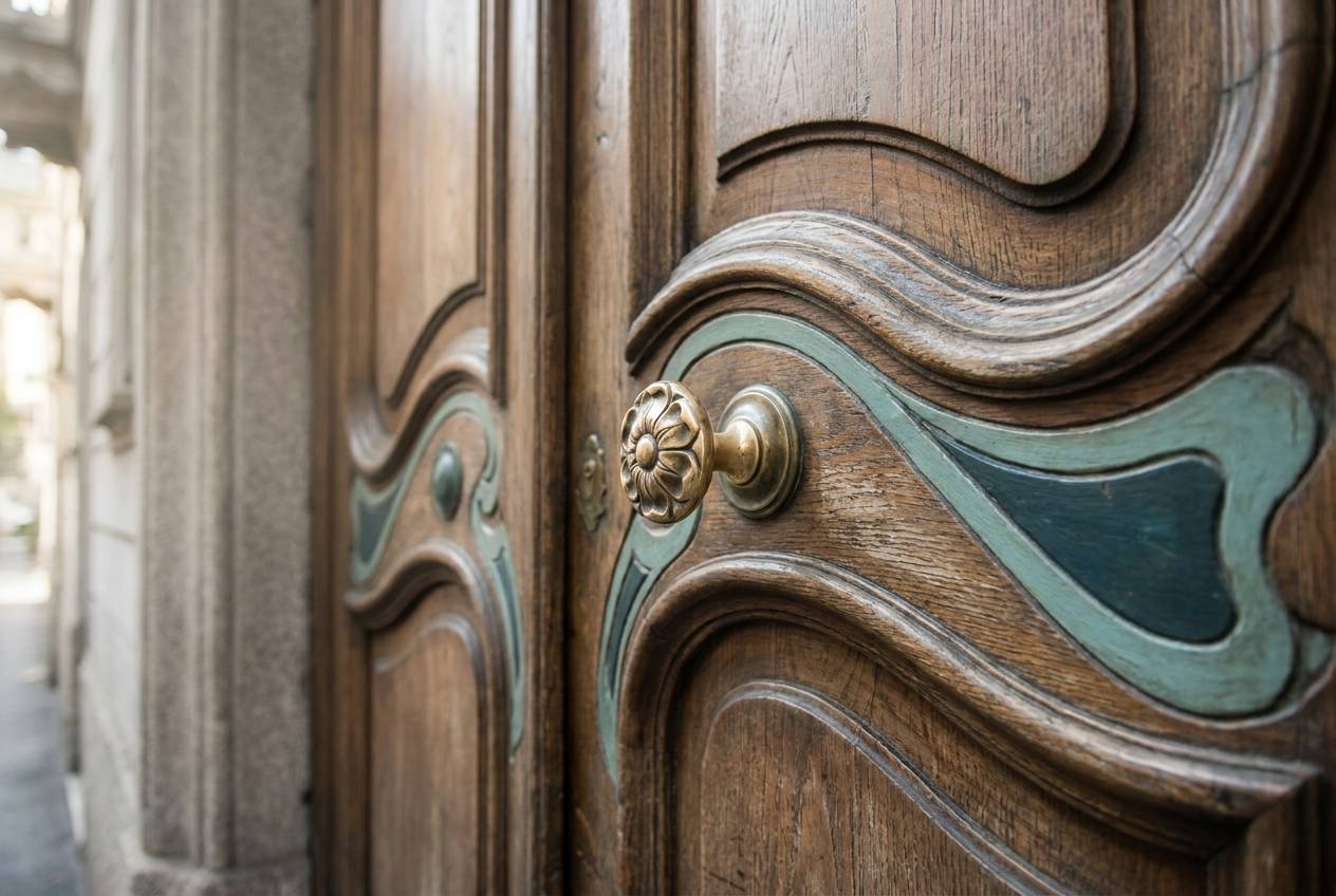 Immagine illustrativa: portone liberty milanese in legno con maniglia in ottone