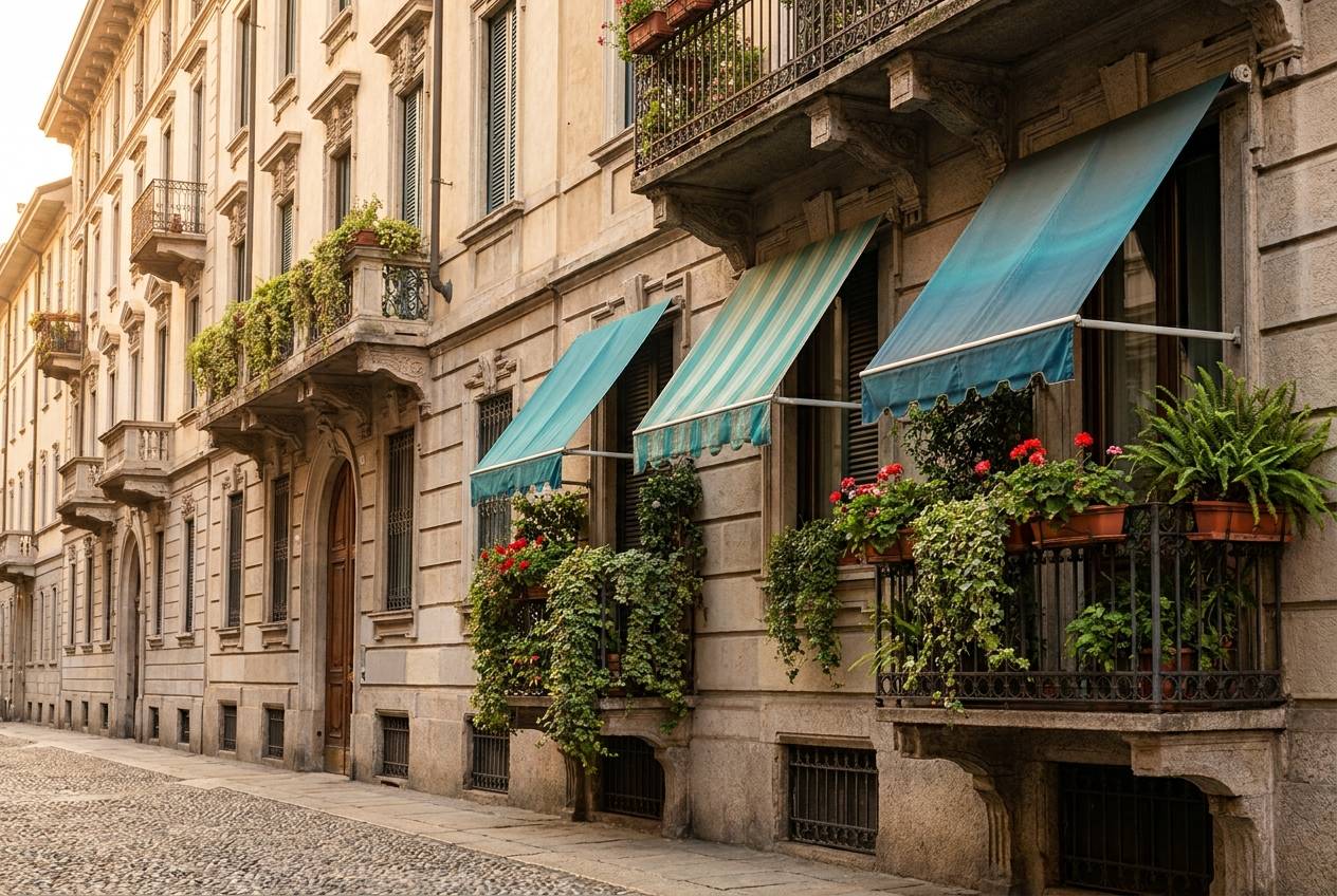 Immagine illustrativa: balconi milanesi con tende da sole e piante