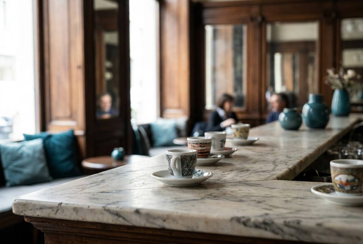 Immagine illustrativa: bancone in marmo di un caffè storico milanese con tazzine