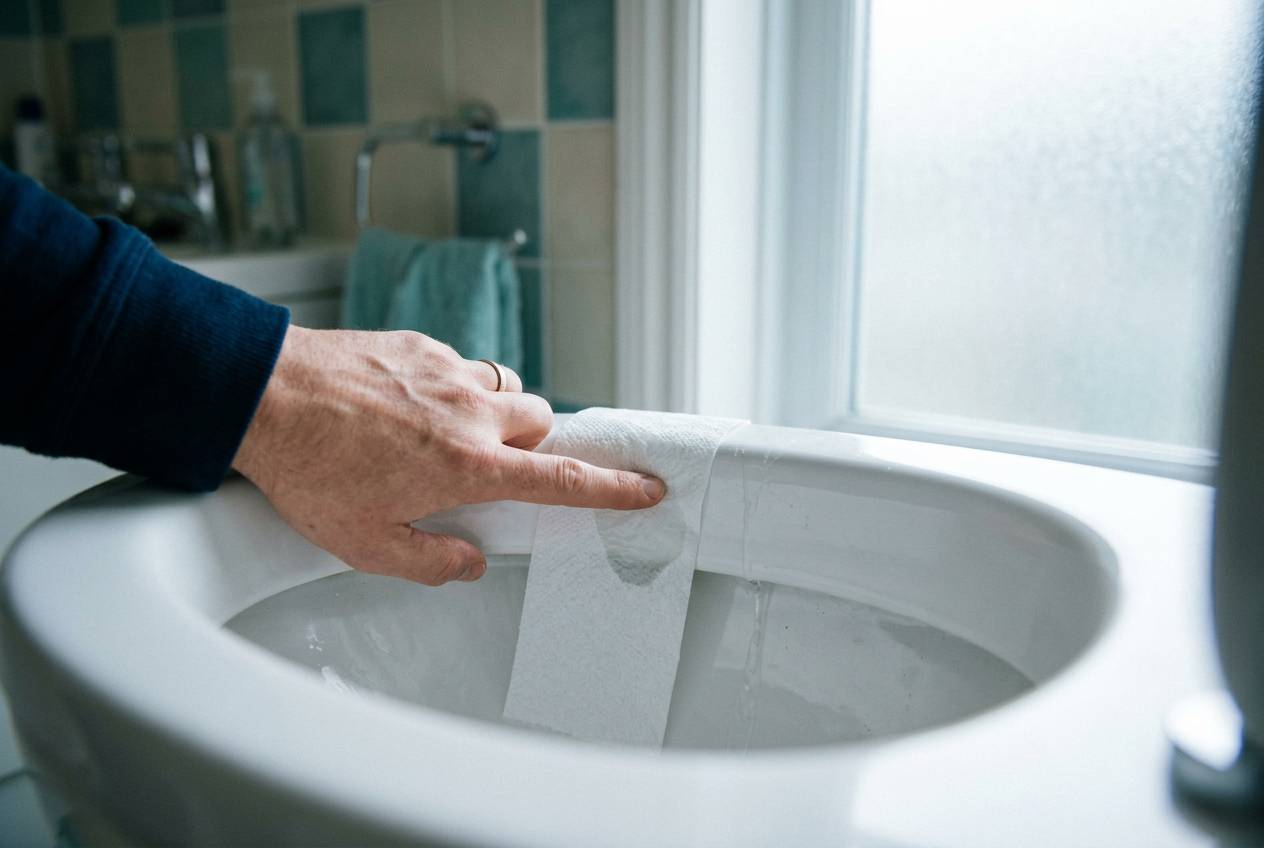 Immagine illustrativa: una mano appoggia carta igienica sulla parete interna del water per il test della perdita.