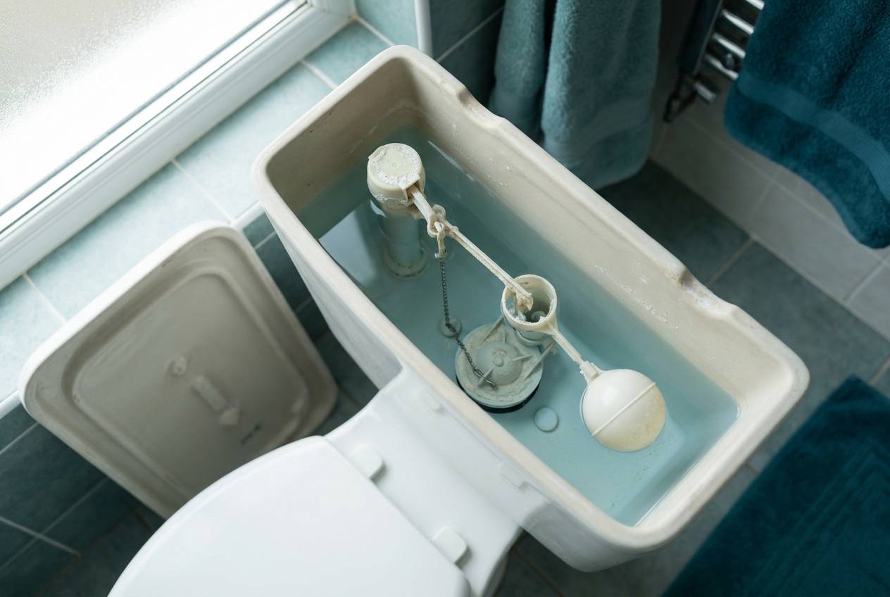 Immagine illustrativa: cassetta del WC aperta vista dall'alto, con galleggiante e meccanismo di scarico immersi nell'acqua.