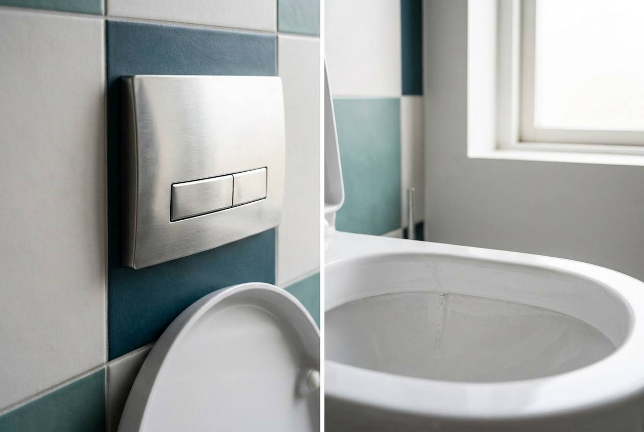 Immagine illustrativa: placca a doppio scarico su parete piastrellata sopra il WC