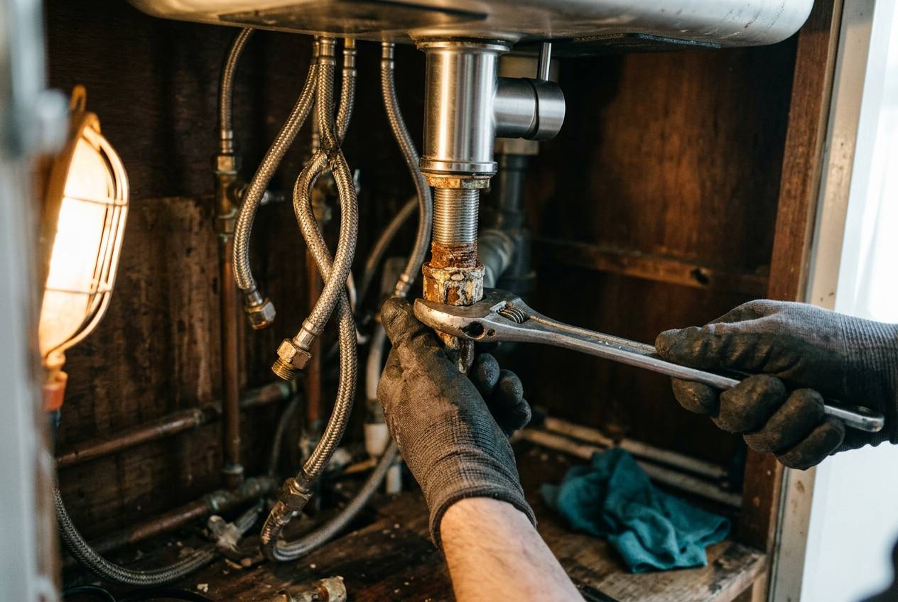Immagine illustrativa: mani con chiave lavorano sugli attacchi di un miscelatore all'interno di un sottolavello stretto.
