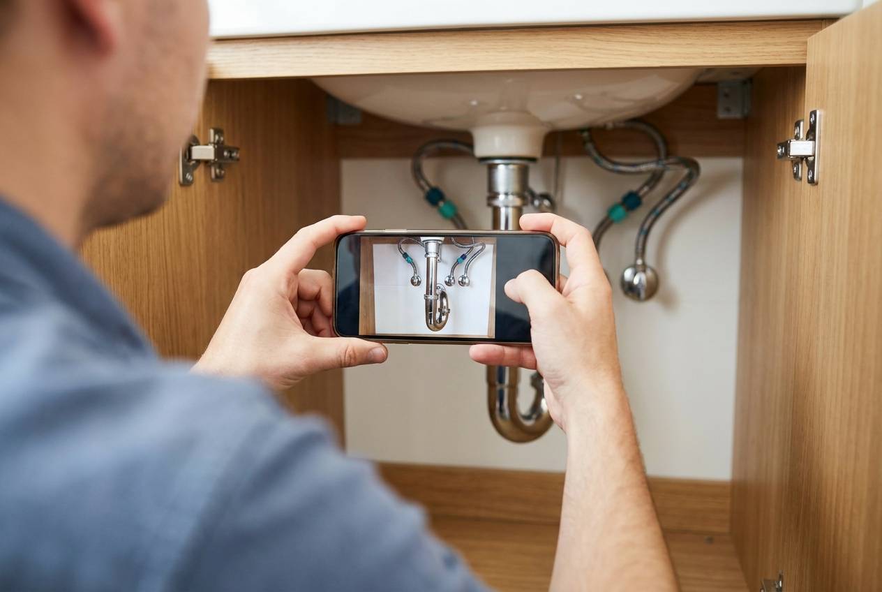 Immagine illustrativa: mani fotografano con lo smartphone il sifone e i flessibili sotto un lavabo.