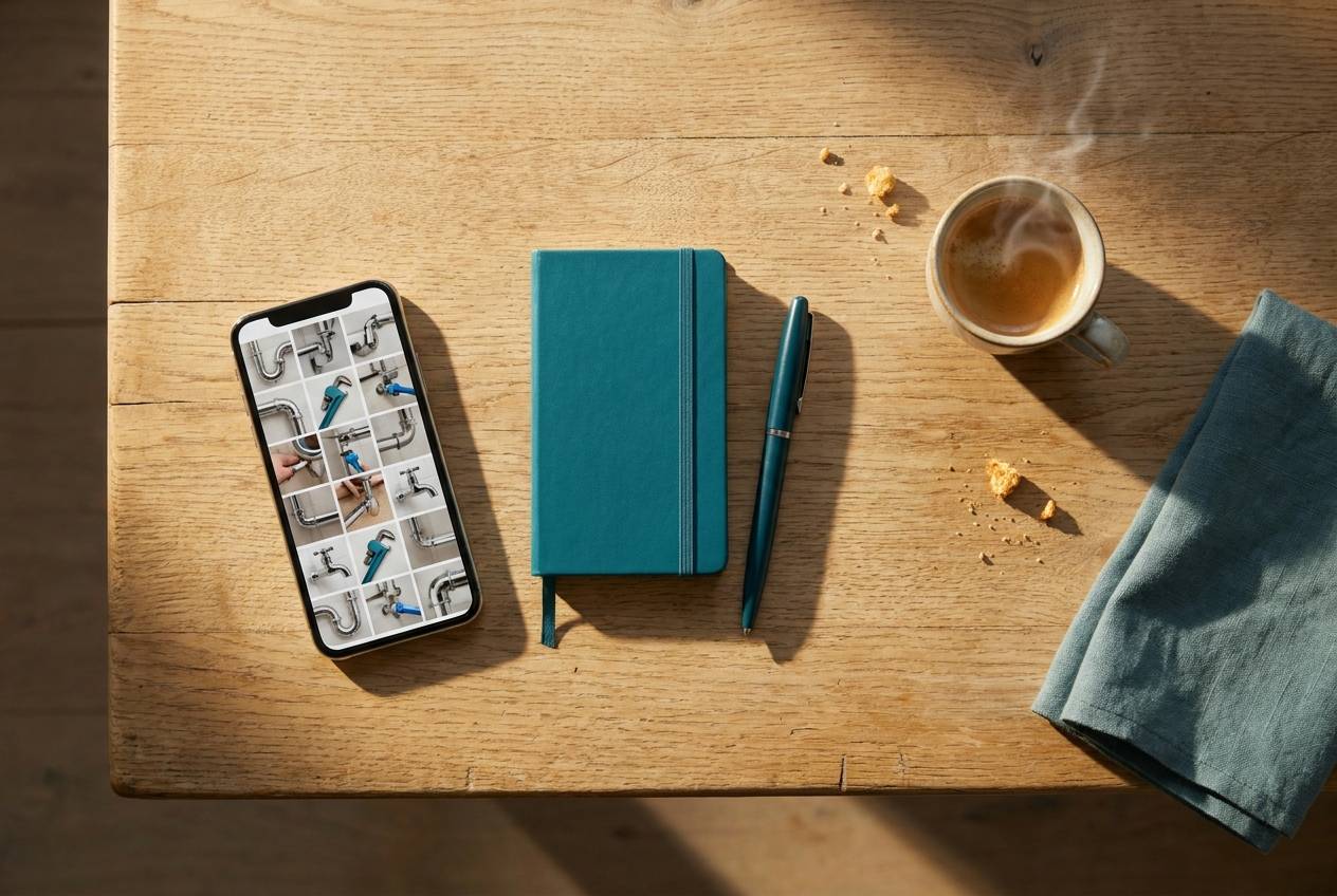 Immagine illustrativa: smartphone con una galleria di foto dell'impianto idraulico accanto a taccuino e caffè.