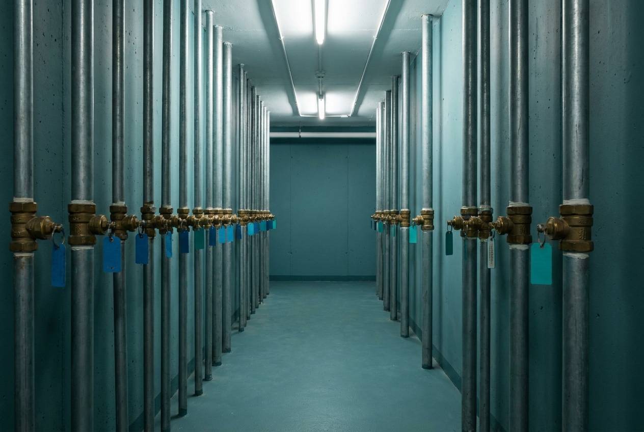 Immagine illustrativa: montanti idrici con valvole etichettate in un corridoio condominiale