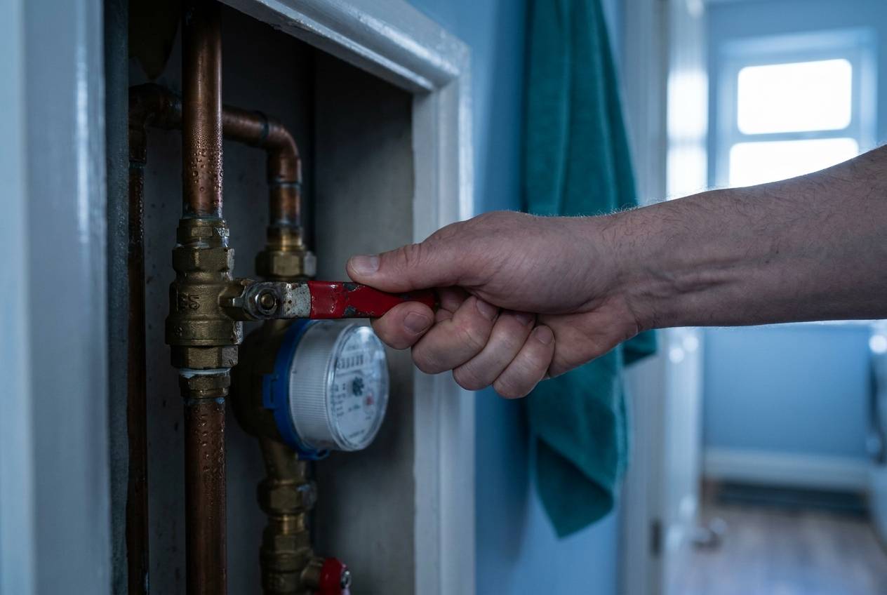 Immagine illustrativa: una mano chiude la valvola generale dell'acqua accanto al contatore in un vano di casa.