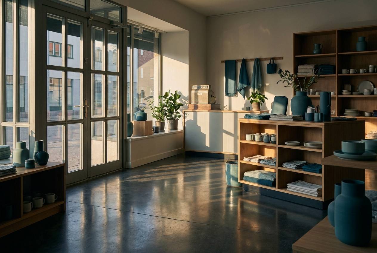 Immagine illustrativa: interno di un piccolo negozio in ordine, pavimento asciutto e scaffali pronti per la riapertura.
