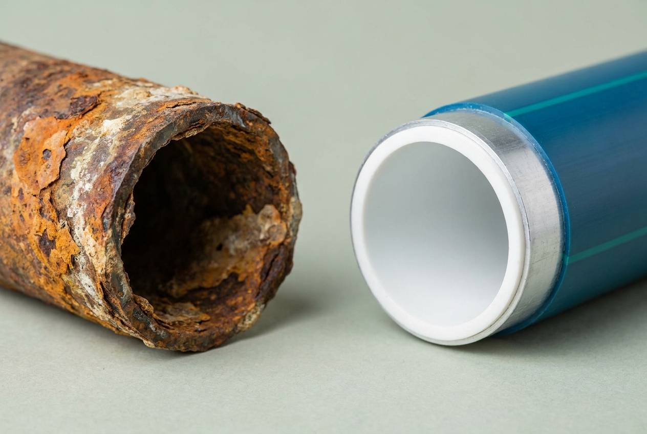 Immagine illustrativa: spezzone di tubo corroso accanto a un tubo multistrato nuovo