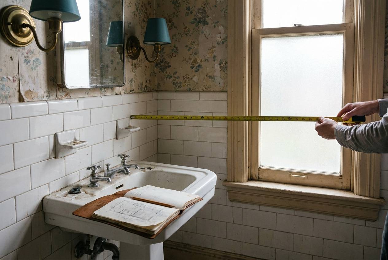 Immagine illustrativa: mani misurano la parete di un bagno datato con un metro a nastro, accanto un taccuino.