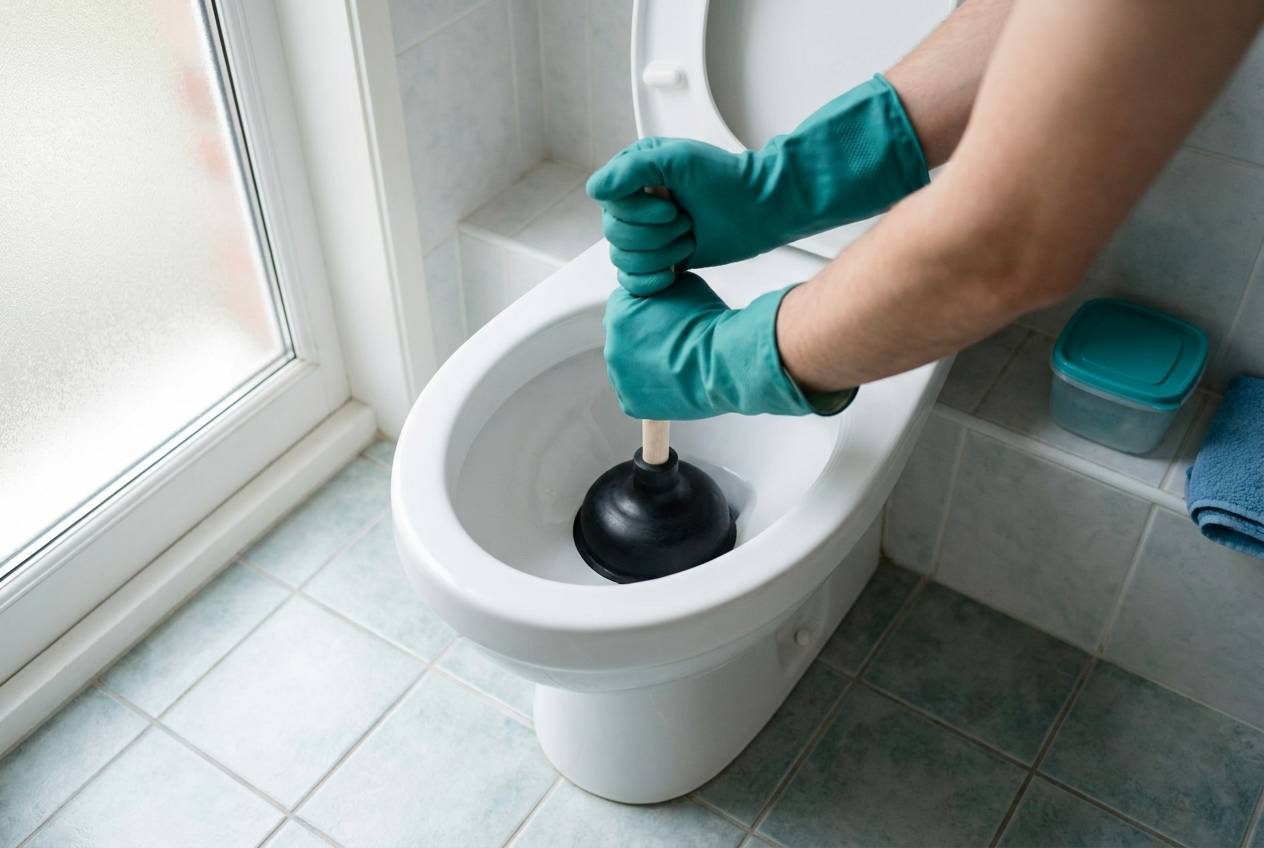 Immagine illustrativa: mani con guanti usano la ventosa sul water, il tentativo sicuro contro un'ostruzione.