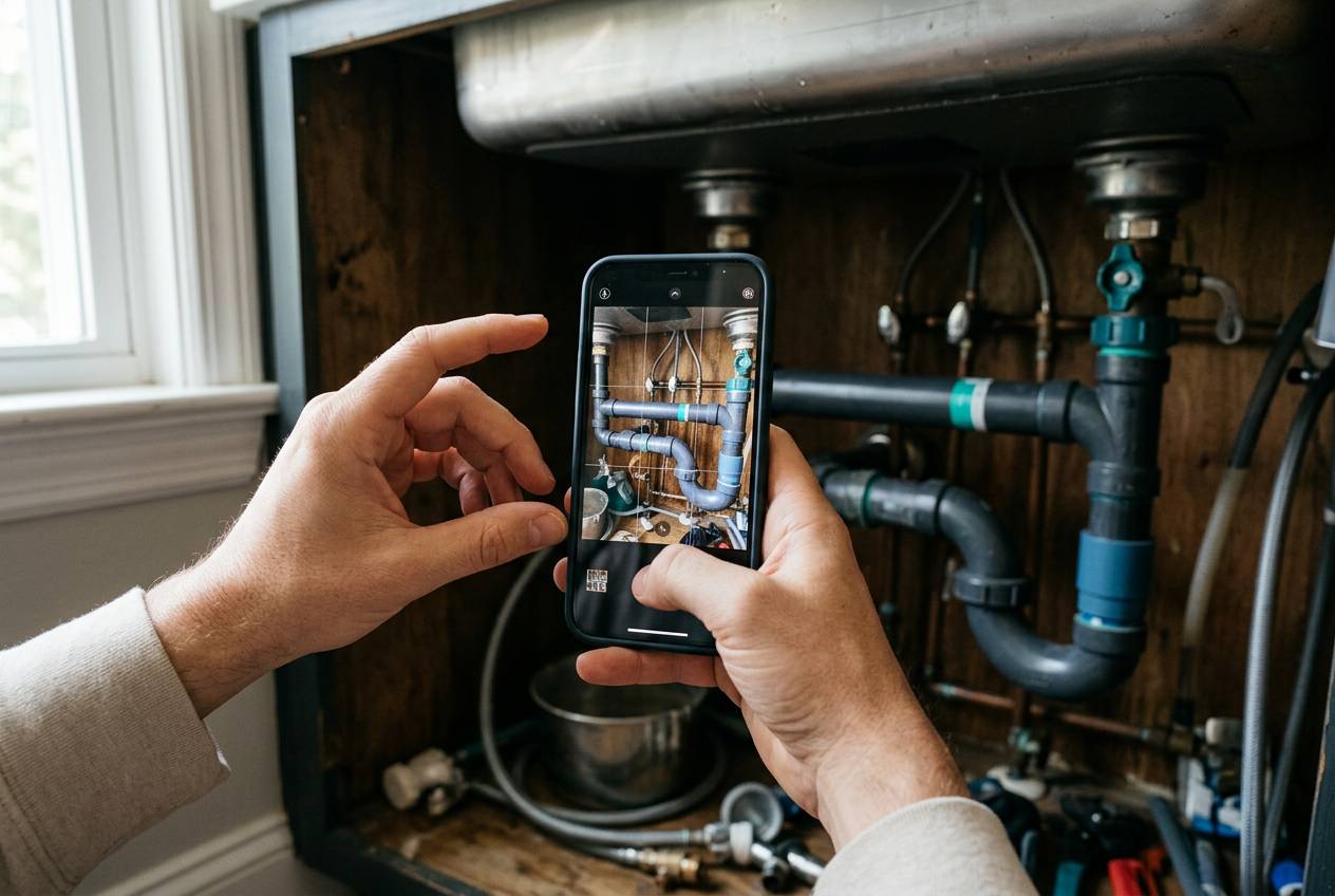 Immagine illustrativa: mani che fotografano con lo smartphone i tubi sotto un lavello