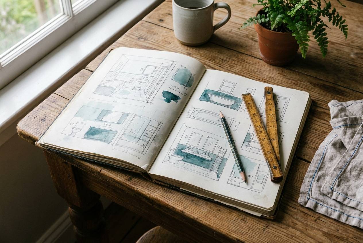 Immagine illustrativa: quaderno con schizzi di bagno, matita e metro pieghevole