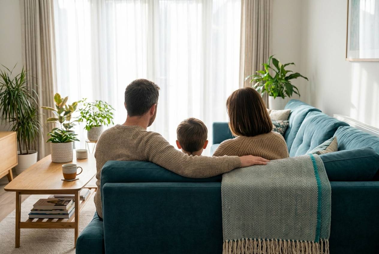 Immagine illustrativa: famiglia di spalle sul divano in un soggiorno luminoso, in un momento di tranquillità domestica.