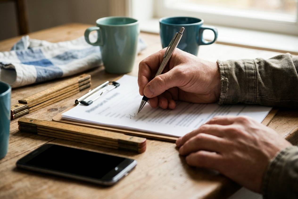 Immagine illustrativa: mani che firmano con una penna un documento su una clipboard, appoggiata al tavolo della cucina.
