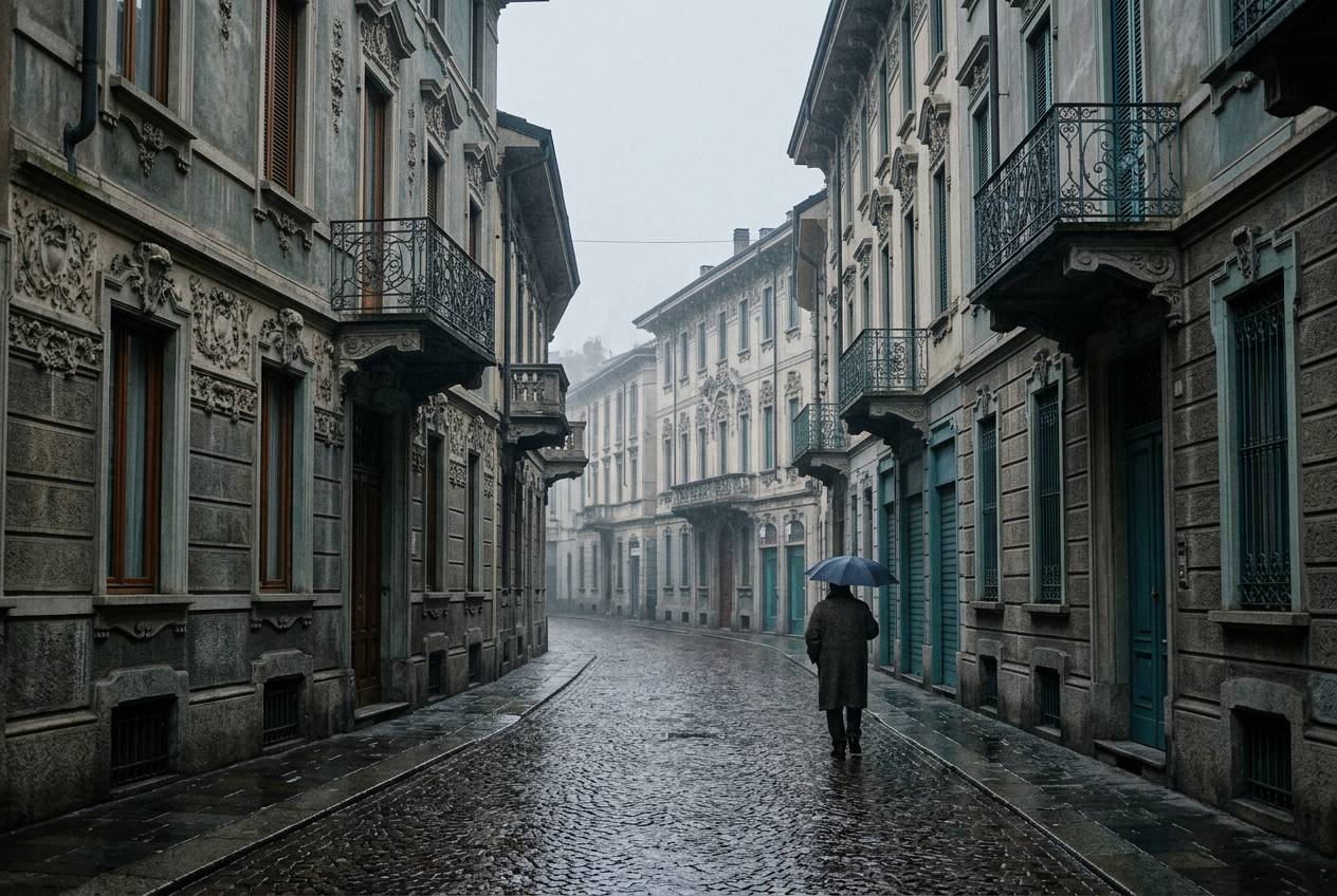Immagine illustrativa: angolo di strada con facciate liberty e ciottoli bagnati nel centro di una città lombarda, in inverno.