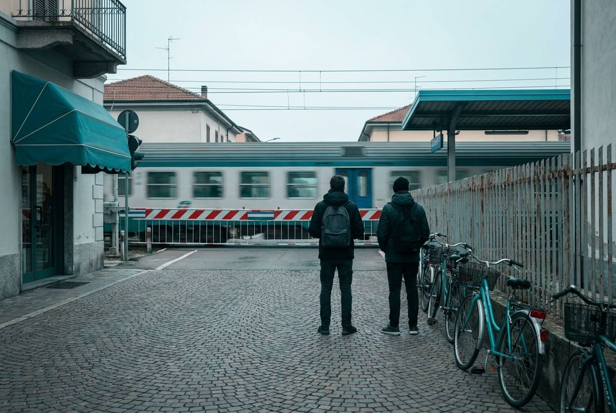 Immagine illustrativa: passaggio a livello e piccola stazione ferroviaria di paese, con pendolari di spalle.