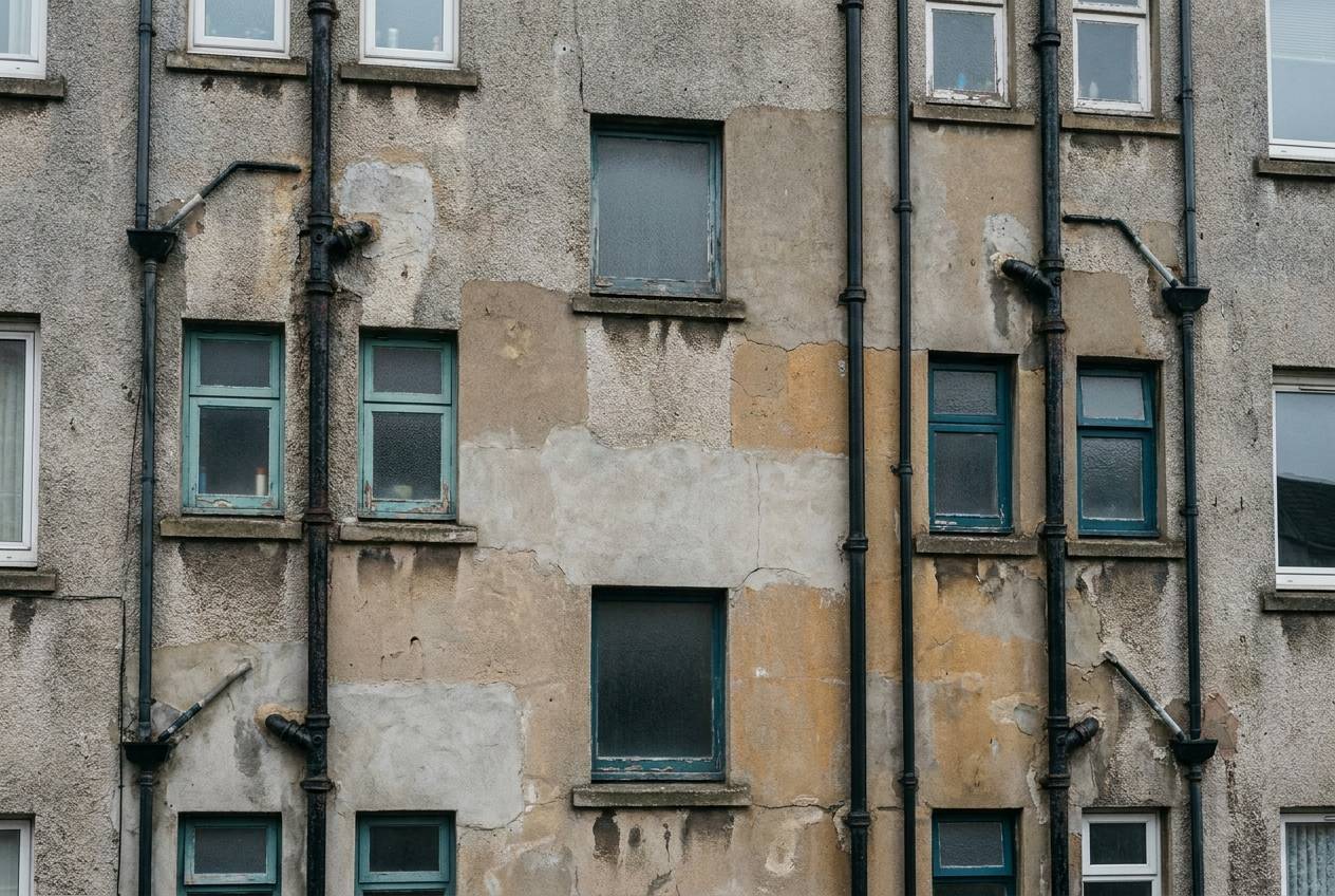 Immagine illustrativa: retro di una palazzina anni '70 con colonne di scarico esterne e finestrini smerigliati dei bagni.