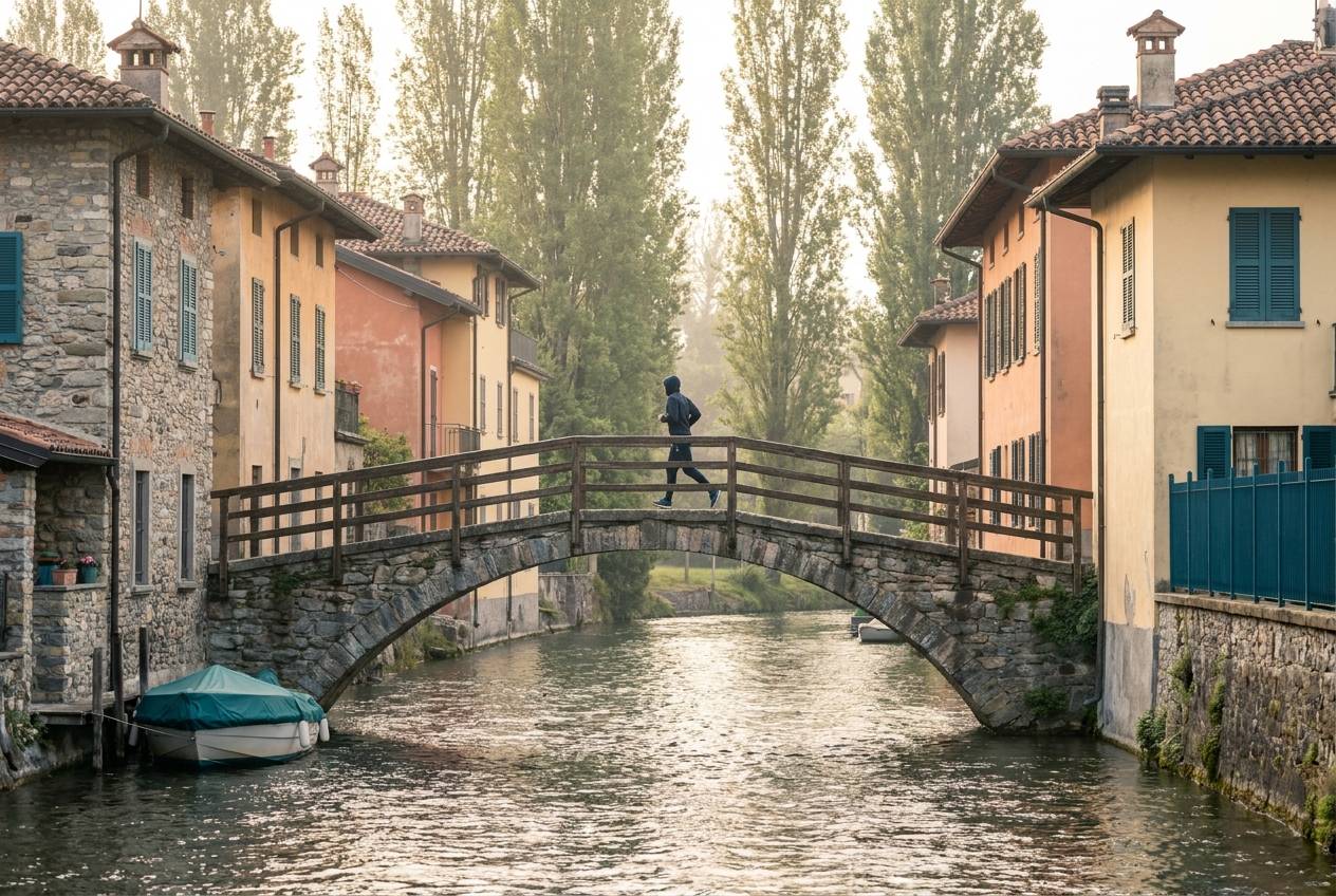 Immagine illustrativa: passerella sul fiume Olona tra case dai toni pastello, in una mattina d'inizio estate.