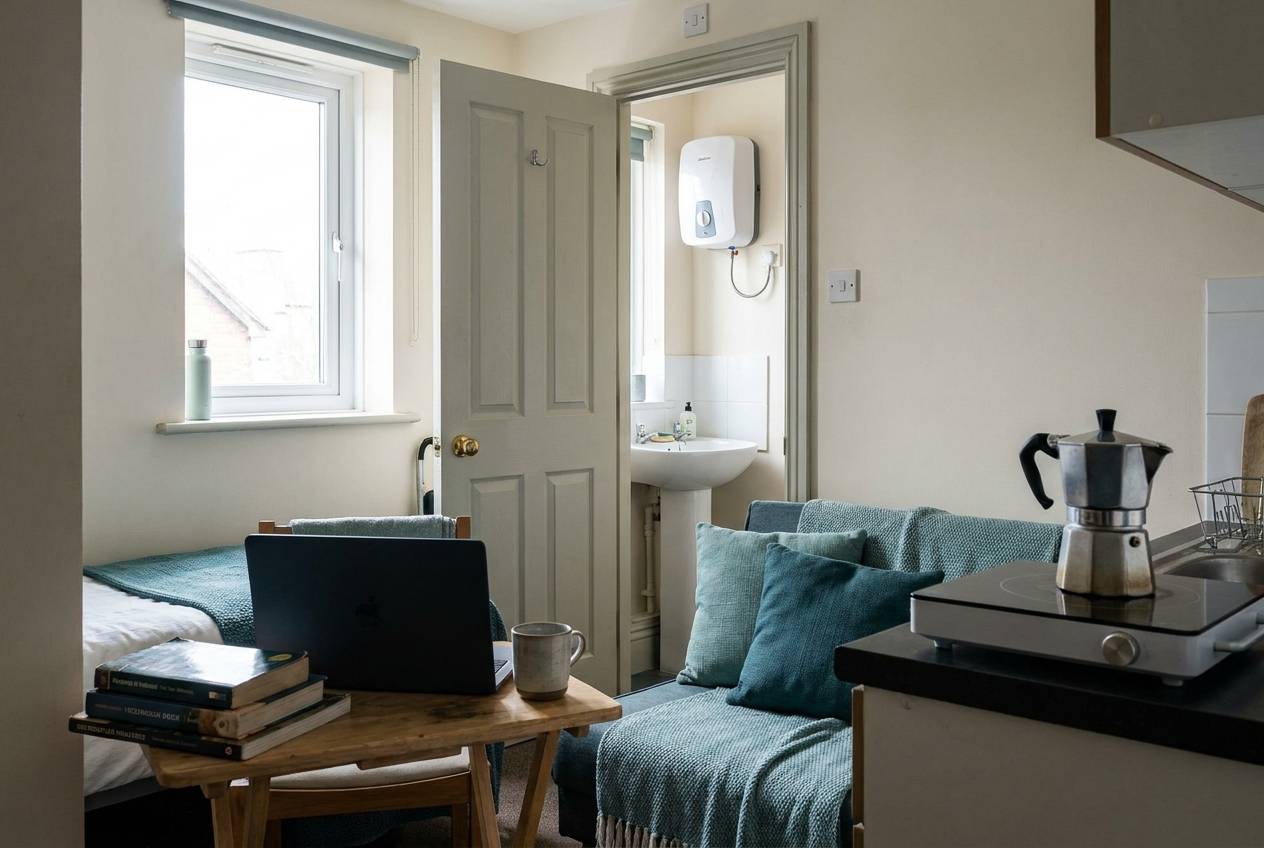 Immagine illustrativa: monolocale da studente con angolo cottura, libri sul tavolo e piccolo scaldabagno elettrico nel bagno.