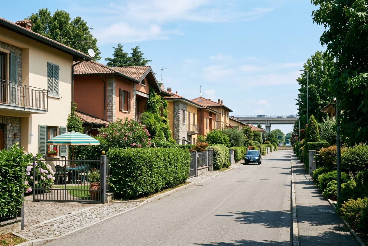 Immagine illustrativa: strada di case unifamiliari e bifamiliari con giardini, in una giornata di piena estate.