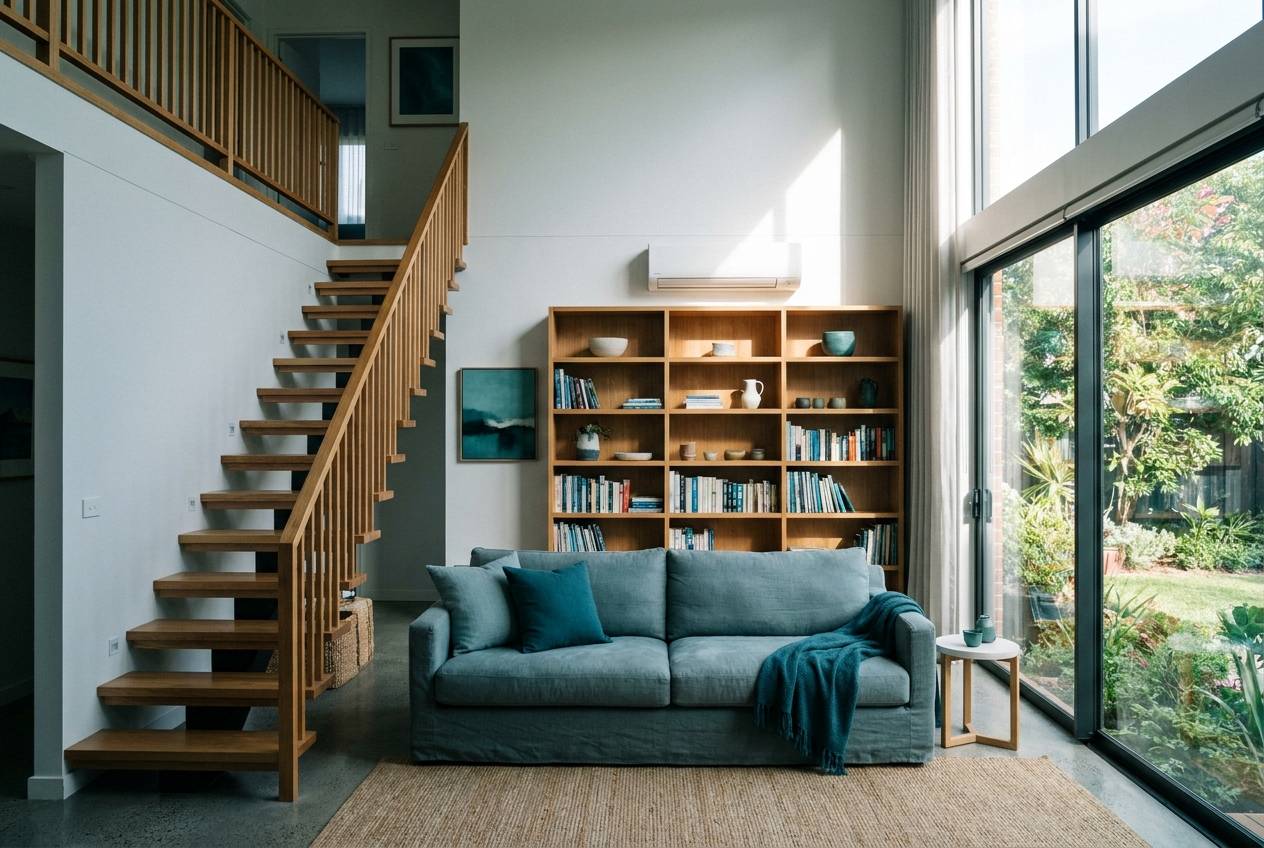 Immagine illustrativa: soggiorno a doppia altezza di una casa su due piani, con scala in legno e climatizzatore a parete.