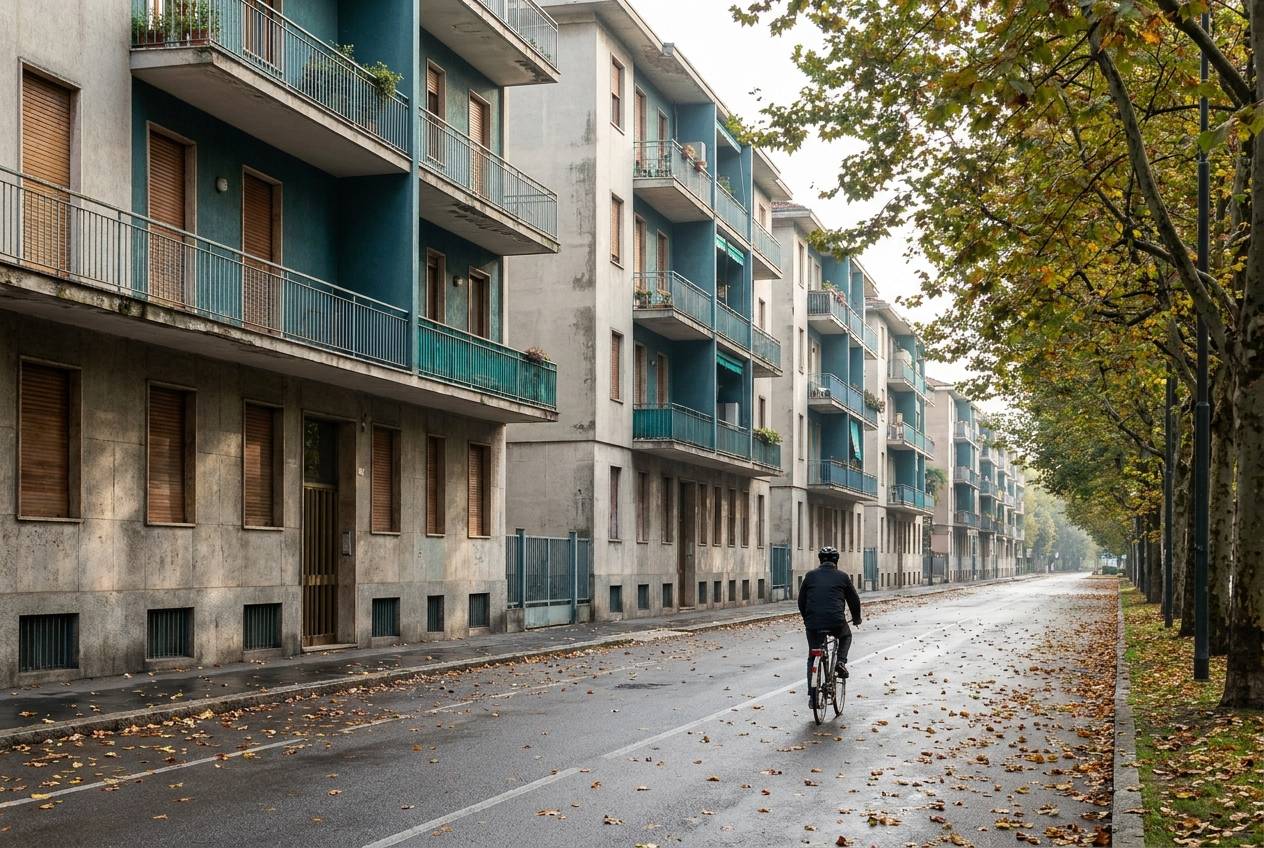 Immagine illustrativa: viale alberato con condomini anni '60-'70 in una città lombarda, in una mattina d'autunno.