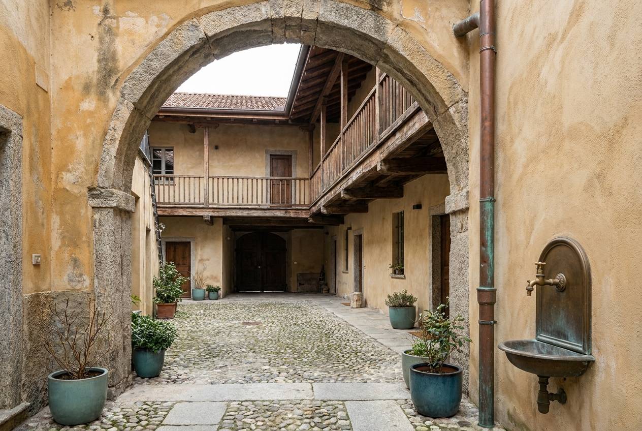 Immagine illustrativa: dettaglio di una corte lombarda ristrutturata, con arco in pietra e ballatoio in legno.