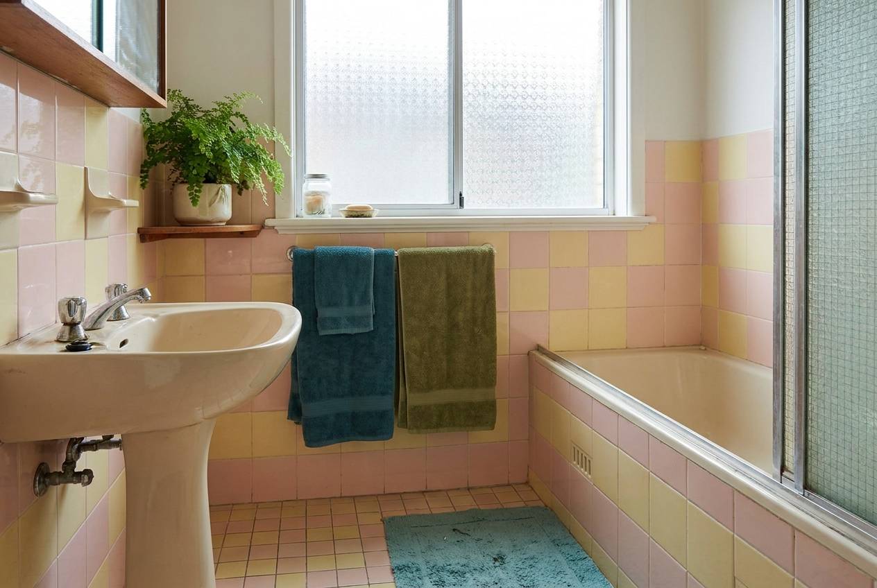 Immagine illustrativa: bagno di un appartamento anni '70 con piastrelle originali color pastello e sanitari d'epoca.