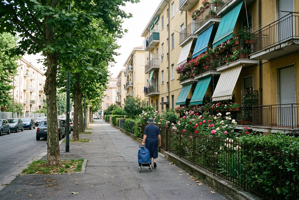 Immagine illustrativa: palazzine anni '60-'70 di Affori con giardinetti e viale alberato in una mattina d'estate.
