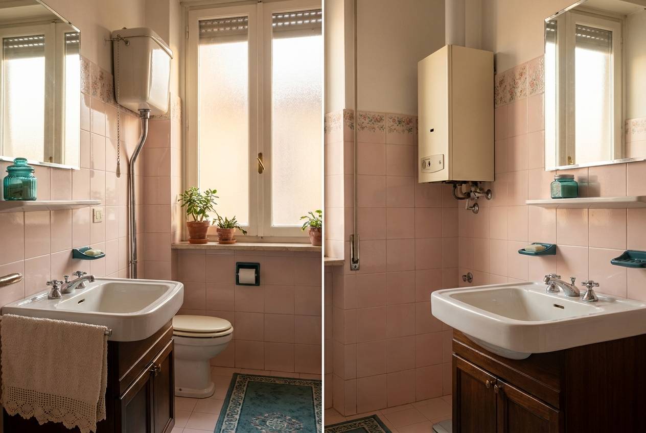 Immagine illustrativa: bagno anni '70 con cassetta alta a catenella e piastrelle rosa, tipico degli appartamenti di Affori.