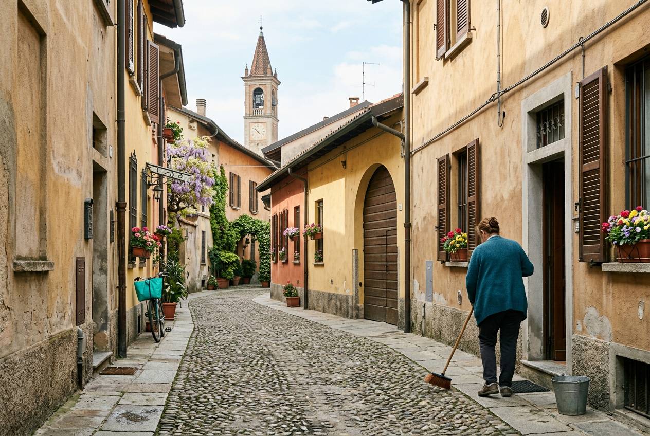 Immagine illustrativa: vicolo del borgo vecchio di Baggio con case basse color ocra e ingressi ad arco verso le corti.
